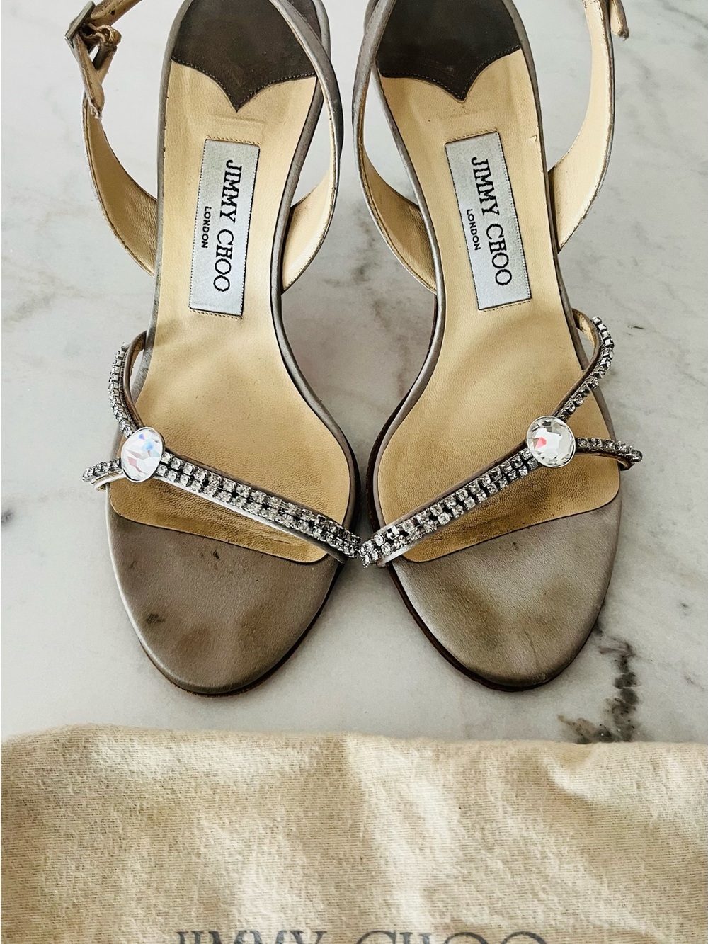 Jimmy Choo Crystal Rhinestone Satin Slingback Heels Size 38 | Dust Bags Included